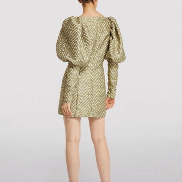 Rotate Birger Christensen Oksana Puff Sleeve Jacquard Mini Dress Metallic Sz 10 - Picture 10 of 13